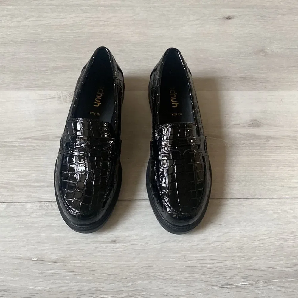 schuh Wide Fit Lenzo loafers in black‎ croc Size